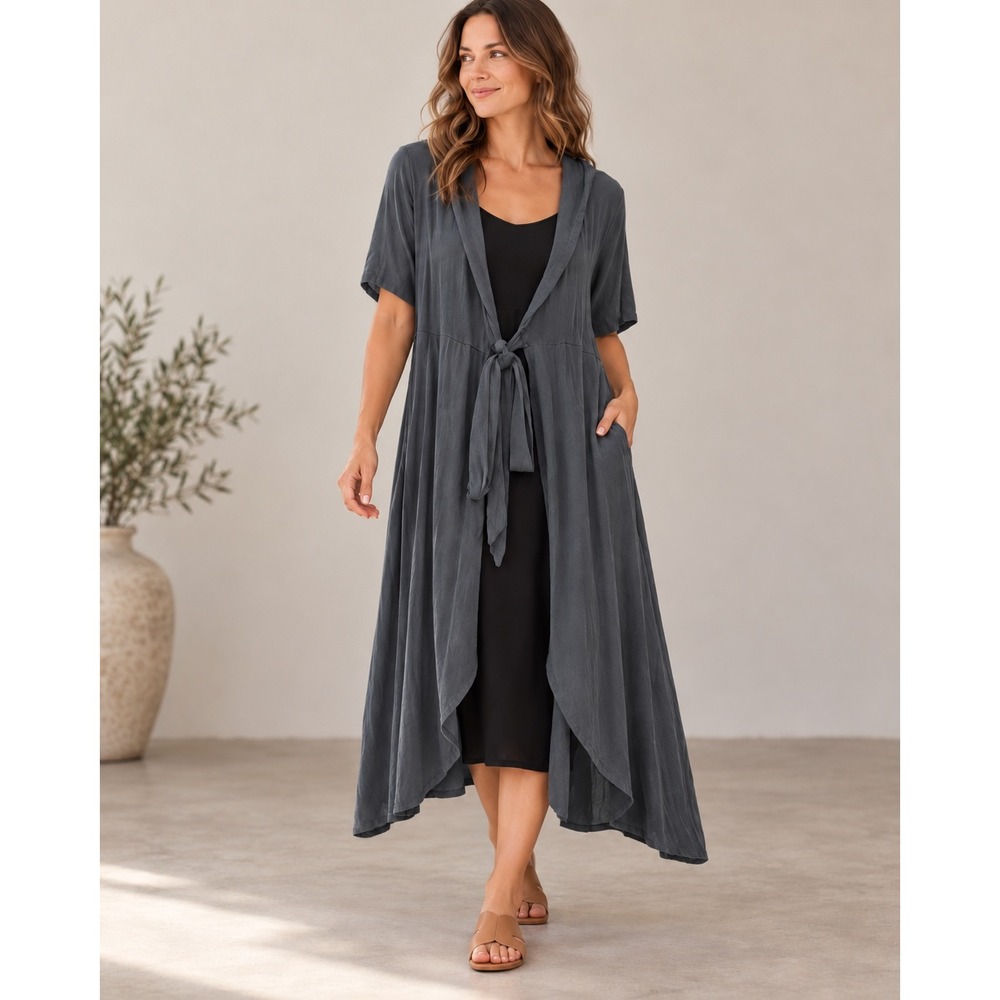 Quince Tencel Lyocell Jersey Tie-Front Duster Charcoal Grey Short Sleeve Medium